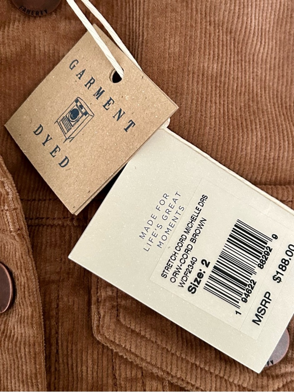 Faherty Chestnut Brown Corduroy Button-Front Mini Dress Sz 2 NWT! - Picture 9 of 10